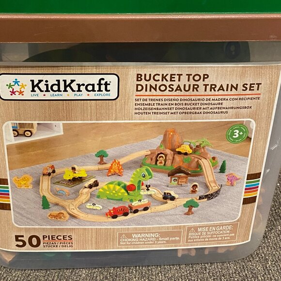 KidKraft Dinosaur Bucket Top Wooden Train Set + Plus 50 Piece Expansion Track - Picture 2 of 11
